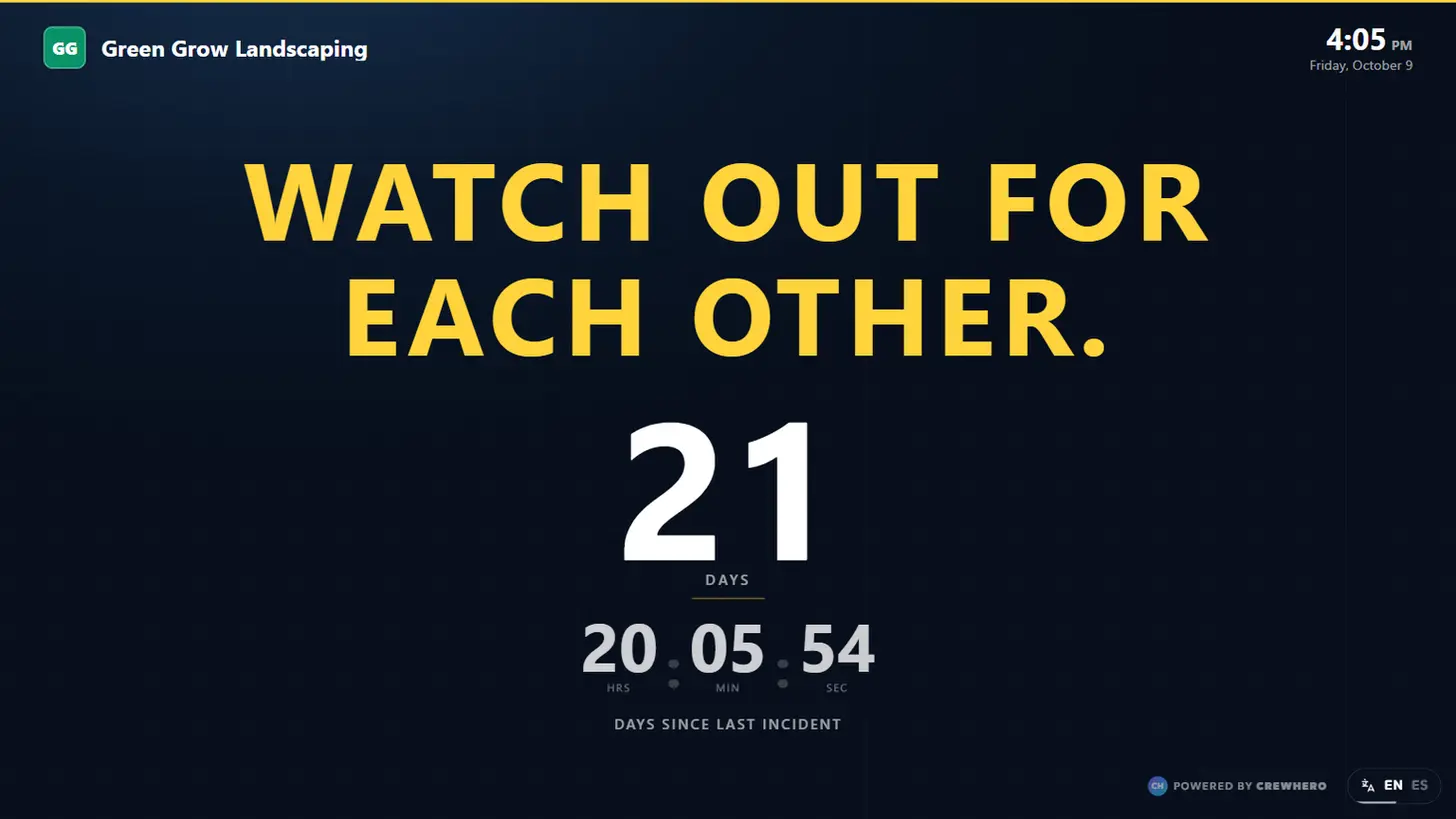 TV safety sign: Watch out for each other, 21 days since last incident